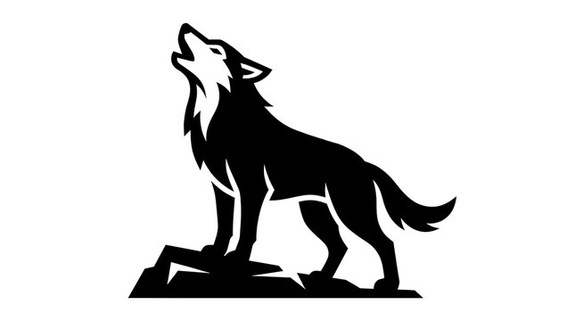 Black silhouette of a howling wolf sitting and looking up isolated on white background. Wilderness wildlife predator animal vector illustration for logo or graphic design.