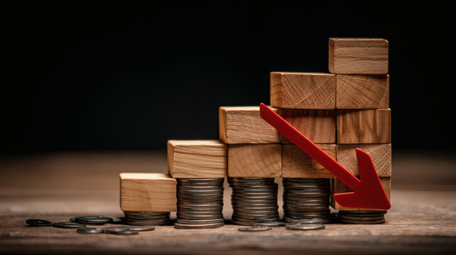 professional composition of COST wooden blocks placed stepwise on coin stacks with red downward trend arrow, representing decreasing expenses and smart financial management, warm lighting highlights 