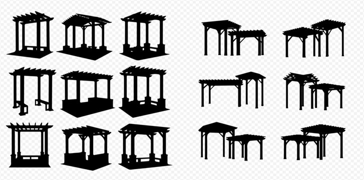 Set of black silhouettes of garden arbors and pergolas, isolated on transparent background.