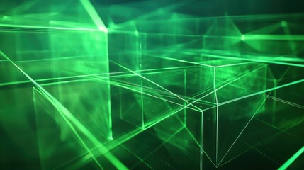 Obraz premium Optical interference grid geometric laser light beams through transparent glass cubes creating luminous green networks with precise angular intersections and depth