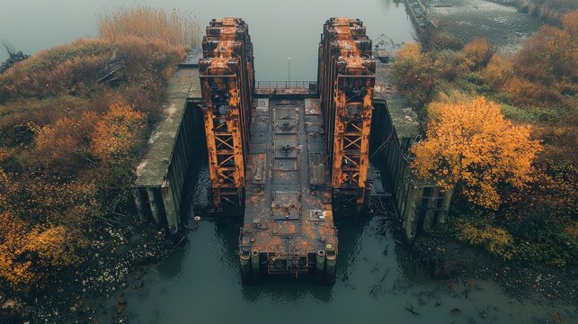 Historic American bascule bridge counterweights showcasing rusted steel towers and mechanical systems surrounded by autumn foliage and waterway below