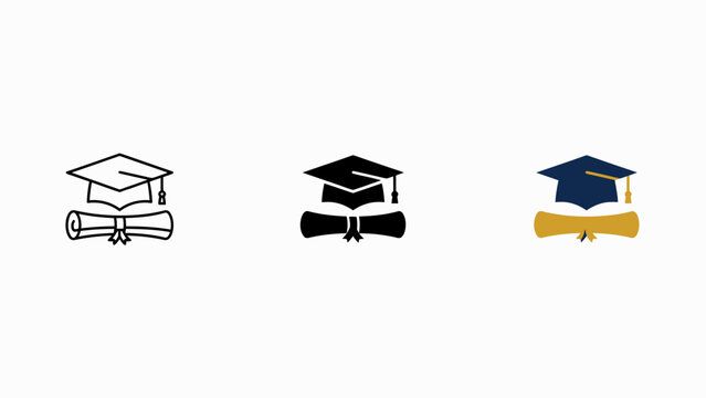 Graduation icons with mortarboard and diploma scroll set in three styles