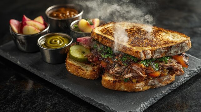 Gourmet bespoke sandwich with pulled pork and fresh herbs on toasted artisan bread served with pickled vegetables and gourmet sauces on slate board