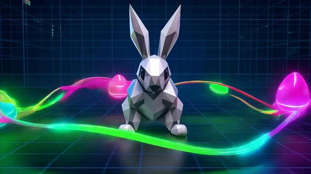 Wireframe Easter bunny glitching with neon data streams and egg shapes