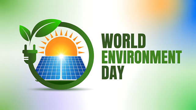 World environment day concept with solar panel and leafy plug symbolizing eco friendly energy on colorful gradient background