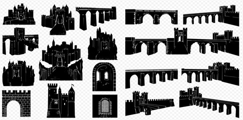 Collection of various ancient and medieval architectural silhouettes including castles, bridges, and archways, isolated on a transparent background. © Adji