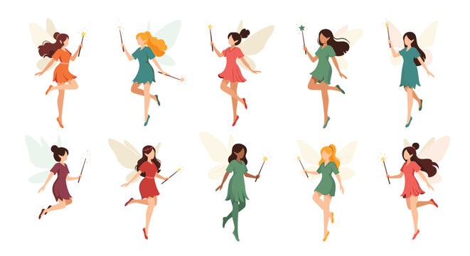 Beautiful collection of diverse fairies with wings and magic wands flying and posing in colorful dresses on a white background.