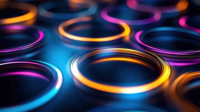 Interference pattern rings with vibrant concentric circles in cyan magenta orange illuminated by laser light beams creating mesmerizing optical phenomena on dark background