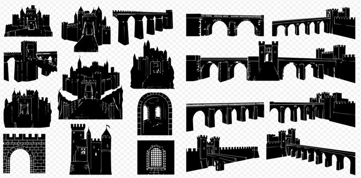 Collection of various ancient and medieval architectural silhouettes including castles, bridges, and archways, isolated on a transparent background.