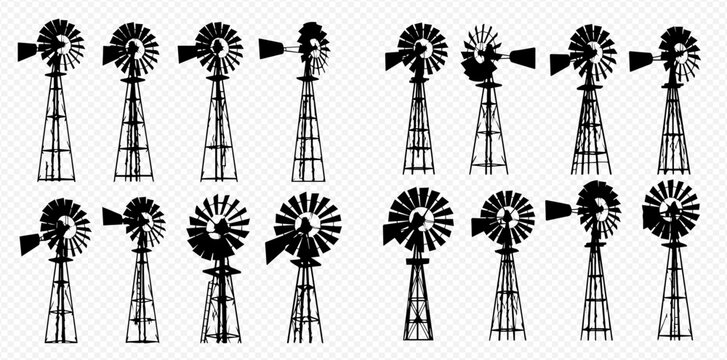 Set of vintage farm wind pump silhouettes, traditional water pumping windmills, isolated vector illustrations.