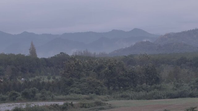 A scenic morning timelapse of mist rolling over a vast mountain range and dense green forest. Cinematic and tranquil wilderness landscape.