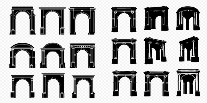 Set of black silhouettes of triumphal arches, ancient roman architecture, and decorative entrances isolated on transparent background.