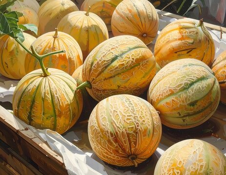 Close-up view of a collection of ripe, textured melons, displaying a blend of green and golden hues, presented in a wooden crate
