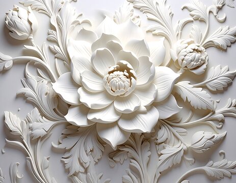 Close-up view of an intricate, sculpted floral design, featuring a central flower surrounded by leaves and other detailed elements