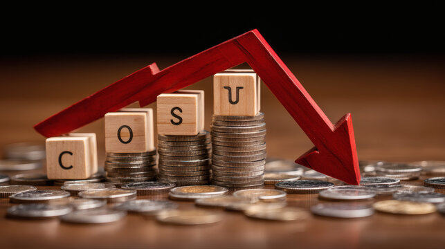sharp studio photograph showing four wooden blocks spelling COST arranged in descending order on stacks of coins. A dramatic red downward arrow arcs above the blocks, symbolizing reduced expenses, 