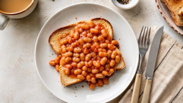 Hearty baked beans served hot on buttered toasted bread with coffee and cutlery on a white plate for a comforting breakfast