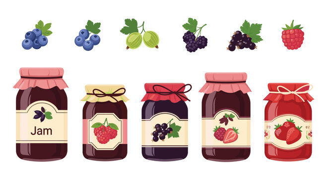 Collection of glass jars filled with colorful fruit jams next to their corresponding fresh berries like raspberries and blueberries.