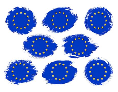 Collection of stylized blue shapes with a circular arrangement of yellow stars, on a white background. Each has a brush stroke effect
