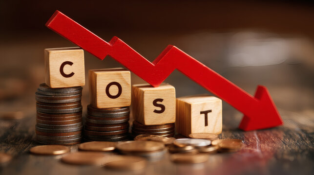 sharp studio photograph showing four wooden blocks spelling COST arranged in descending order on stacks of coins. A dramatic red downward arrow arcs above the blocks, symbolizing reduced expenses, 