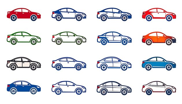 Collection of stylized sedan car illustrations in various colors, each with outlined detail on a white background