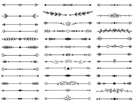 Collection of various decorative line dividers with arrows, botanical elements, and geometric shapes arranged in rows and columns