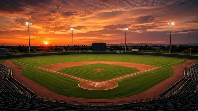 Sunset-lit baseball stadium with manicured field, illuminated lights, dramatic sky and empty stands