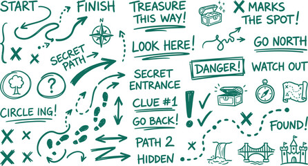 Cartography treasure hunt clue highlight templates exhibiting secret path arrows hidden object circles map symbols discovery annotation elements graphic © ArtFlex
