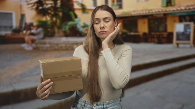 Woman holding cardboard box with hand to cheek on street near cafe steps and stairs; frustration waiting delivery delay.