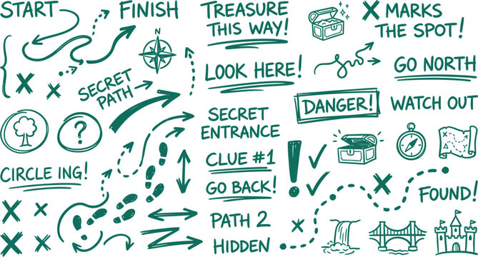 Cartography treasure hunt clue highlight templates exhibiting secret path arrows hidden object circles map symbols discovery annotation elements graphic