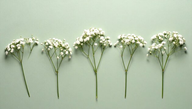 Delicate sprigs of tiny white flowers arranged symmetrically on a solid sage-green background. A simple, elegant floral still life