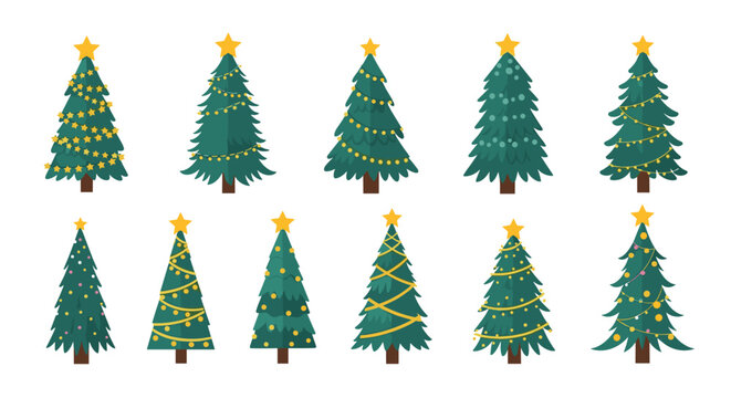 Large set of stylized evergreen Christmas trees decorated with different types of glowing lights and golden stars.