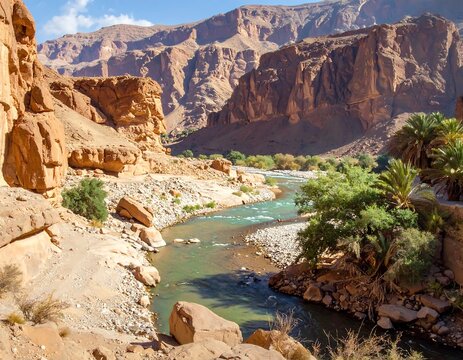 Deep canyon with a winding river and lush trees along its edge under a clear sky. Rocky cliffs dominate