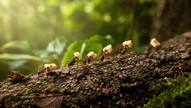 Leafcutter ants carrying leaf fragments along a mossy log in a sunlit tropical forest, showing teamwork and foraging behavior