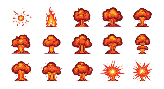 Sequence of various explosion effects showing different stages of a blast from a small spark to a large fire cloud.