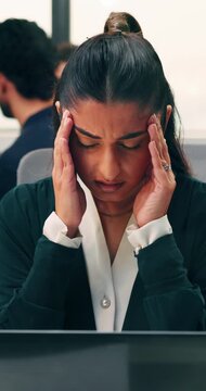 Frustrated, woman and headache in office with laptop for mistake, fatigue or burnout and stress. Accountant, tired person or employee with migraine, anxiety or strain for fail or deadline pressure