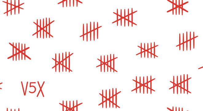 Repetitive pattern of red tally marks on a white background indicating counting or the passage of time in a cell.