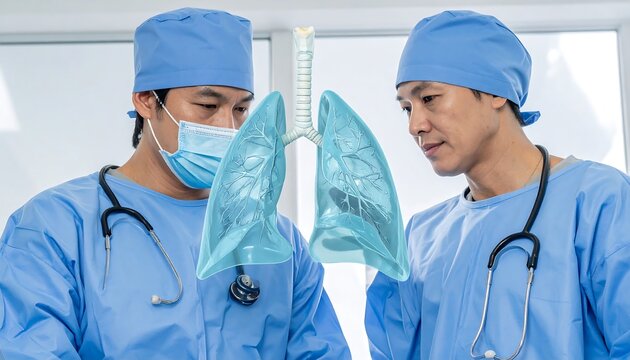 Two surgeons in scrubs study holographic lungs in a bright, clinical setting