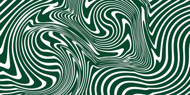 Abstract dark green and white wavy lines background. Hypnotic optical illusion pattern with distorted swirl stripes. Vector texture