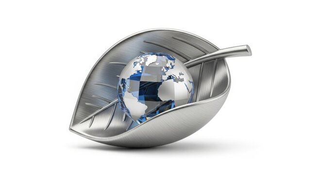 Eco friendly earth, leaf shaped, silver globe icon, environmental symbol