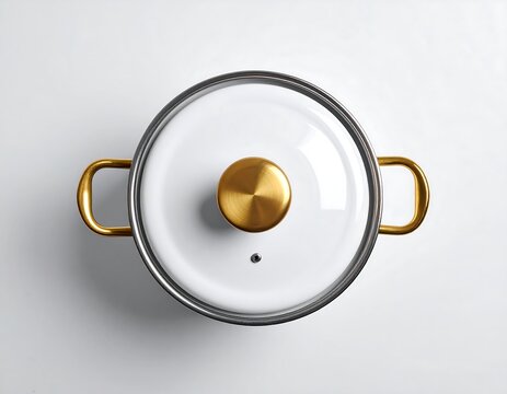 Overhead shot of a cooking pot with a glass lid. The pot has gold-colored handles and lid knob. White interior