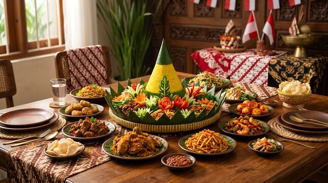 Traditional Indonesian Tumpeng cone shaped yellow rice served on a festive dining table.