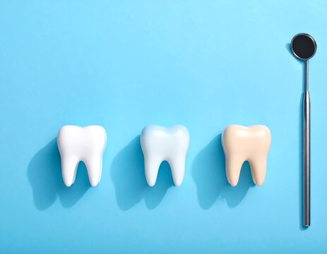 Overhead shot of dental health concept. Three teeth varying in shades from white to beige are placed. A dental mirror is positioned vertically