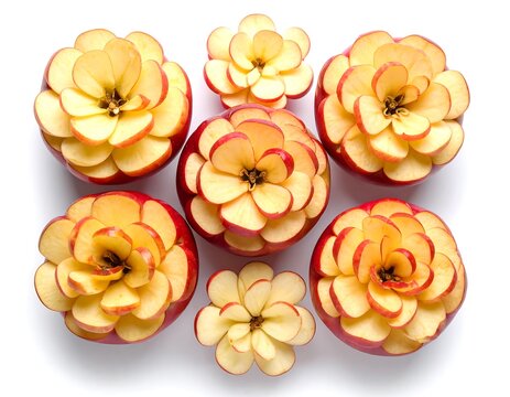 Overhead shot of six red apples intricately sliced and arranged to resemble floral blooms. Two smaller apple blossoms are also present