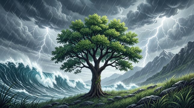 Lone tree standing against waves and lightning on coast