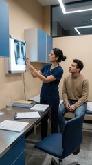 Naklejka premium Medical Consultation Discussing X-Ray Results With Patient In Clinic