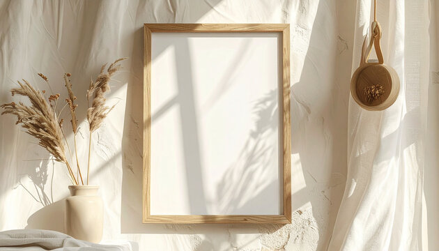 Wooden frame mockup with decorative elements and soft natural sunlight