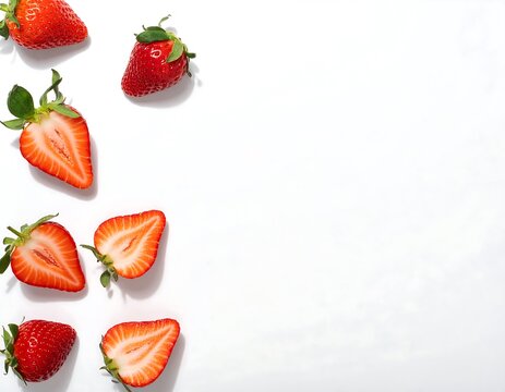 Overhead view of ripe strawberries scattered on a white surface, some halved, creating a vibrant, fresh composition with space for text