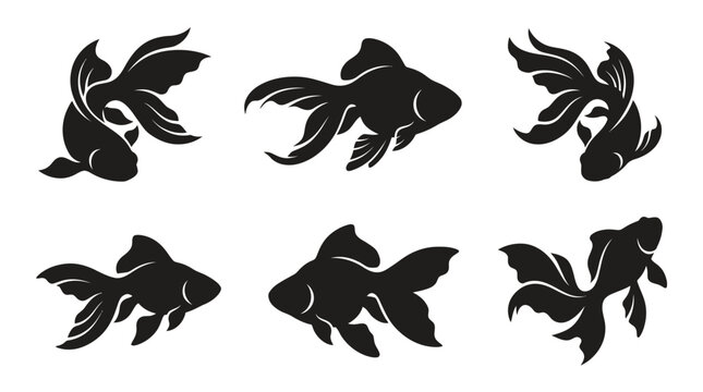 different black goldfish silhouettes on a clean white background, minimalist vector style.