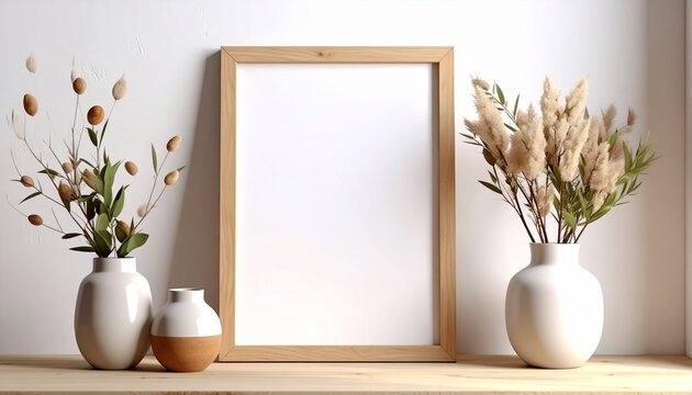 Wooden frame with decorative plants in vases on a white surface
