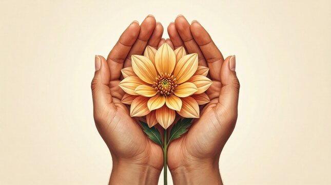 Hands holding yellow dahlia against neutral background